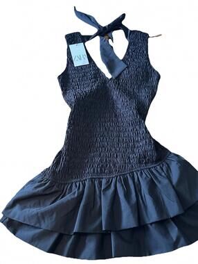 Zara Midnight Smocked Halter Bow Mini  Dress Dark Coquette Goth Ruffle Smocked S